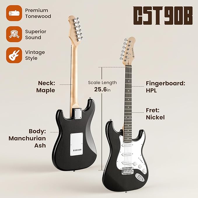 CAHAYA Electric Guitar for Beginner 39”: Solid Body Electric Guitars with SSS Pickups Beginner Guitar Kit with Gig Bag Audio Cable CST90 Matte Finish Black
