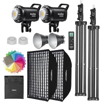 GODOX SL60II-D LED Video Light Kit 2Pack Continuous Light Set, Square Grid Softbox,Light Stand, Remote Control & Honeycomb Grid for Studio Video Recording, Filming, Podcast (2PCS)