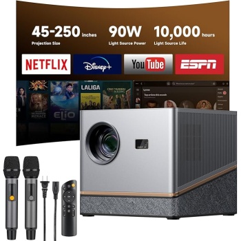 Moukey MTV30 All-in-One Karaoke Machine Projector, with Dual 4-inch Woofers, 40W RMS 120W Peak Power, Powerful Sound, Passive Radiator, Smooth System, Supports 45-250" Giant Screen Projection