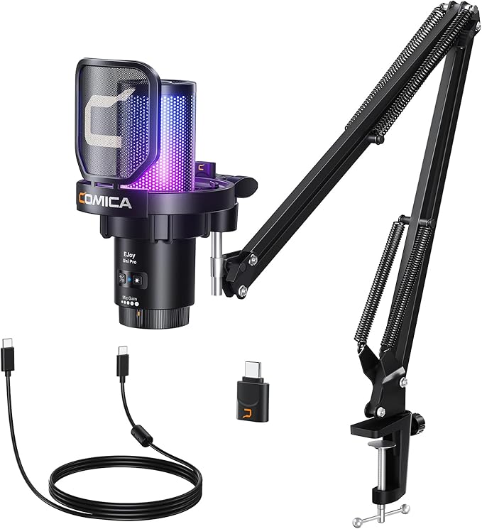 COMICA Ejoy Uni PRO(A) USB Wireless Microphone with Noise Cancellation, RGB Lights, Monitoring, Muting, Boom Arm Mic for Computer, PS5, PS4, Streaming, Podcast, Chat, Twitch, Discord(Black)