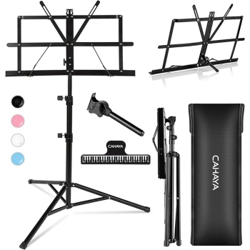 CAHAYA Portable Sheet Music Stand: Dual Use Desktop Book Holder Folding Lightweight Extra Stable Reinforced with Carrying Bag and Clip for Students Musicians Height Adjustable up to 54.3" CMS0204