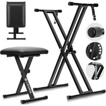 CAHAYA Keyboard Stand and Bench Set: 13~39 Inch Wide Adjustable Height Heavy Duty Portable Piano Stand and Bench with Locking Straps Double-X 7-Level Adjustable for 61 76 88 Key Keyboards