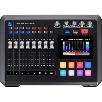 Tascam Mixcast 4 Podcast Streaming Mixer, Recorder, and USB Audio Interface — Four XLR/TRS Mic Inputs, Touch Screen and Editing Software Included