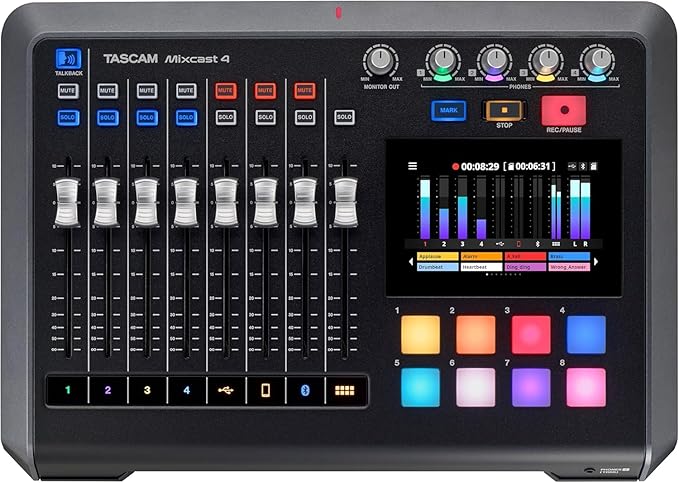 Tascam Mixcast 4 Podcast Streaming Mixer, Recorder, and USB Audio Interface — Four XLR/TRS Mic Inputs, Touch Screen and Editing Software Included