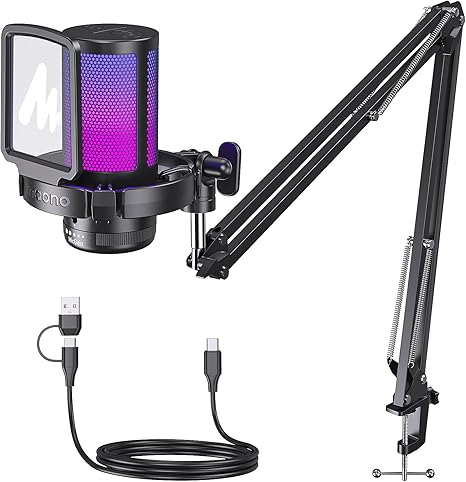 MAONO USB Gaming Microphone, Noise Cancellation Condenser Mic with Mute, Gain, Monitoring, Boom Arm Mic for Streaming, Podcast, Twitch, YouTube, Discord, PC, Computer, PS4, PS5, Mac, GamerWave DGM20S
