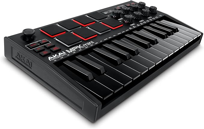 Akai Professional MPK Mini MK3 25 Key USB MIDI Keyboard Controller With 8 Backlit Drum Pads, 8 Knobs, Music Production Software and Native Instruments Sound Package (NKS Integration), Black