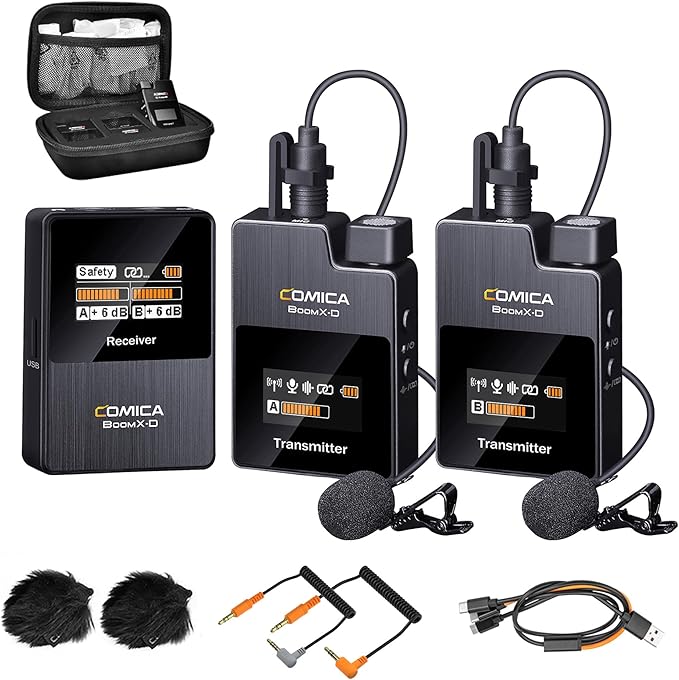 COMICA BoomX-D2 Wireless Lavalier Microphone for iPhone, Android Camera, Dual Lapel Mic System with 2 Transmitters, 656ft Stable Range, Noise Cancelling, Ideal for Vlog, YouTube, Content Creators