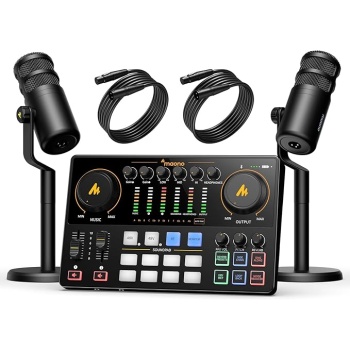 MAONO Podcast Equipment Bundle for 2: Audio Interface Mixer with 2 XLR Dynamic Mic Noise Reduction Podcast Streaming MaonoCaster E2 Gen2C
