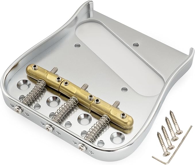 Musiclily Ultra 54mm (2-1/8 inch) Solid Brass Plate Curved Tele Bridge with Compensated 3-Saddles for Telecaster Electric Guitar, Chrome