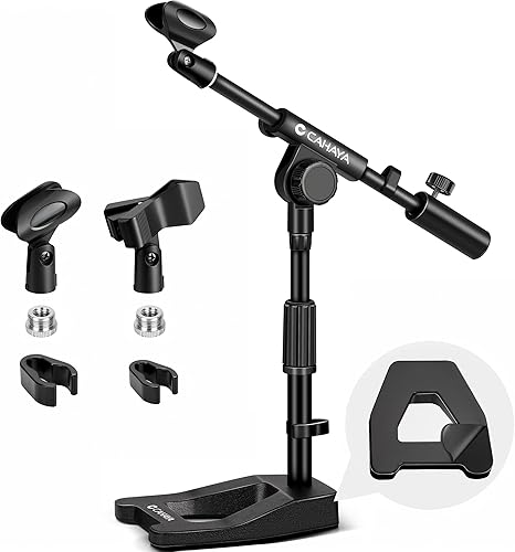CAHAYA Mic Stand Desk Adjustable - Boom Arm Desktop Microphone Stand Metal Weighted Base A-frame Table Mic Mount with 2 Mic Clips 3/8" to 5/8" Screw Adapter Mic Mount for Singing Stage Performance
