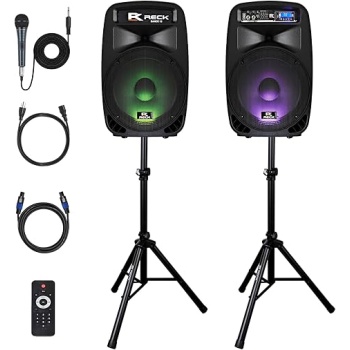 Proreck Dance 15 Portable 15-Inch 2000 Watt 2-Way Powered PA Speaker System Combo Set with Bluetooth/USB/SD Card Reader/FM Radio/Remote Control/LED Light