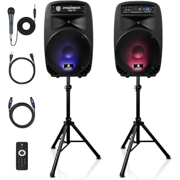 PRORECK Party 15 Portable 15-Inch 2000 Watt 2-Way Powered PA Speaker System Combo Set with Bluetooth/USB/SD Card/FM/Remote Control/LED Light for Indoor, Outdoor DJ Parties, Karaoke
