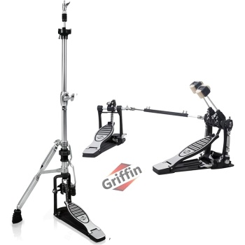 Griffin 2-Pack Drum Hardware Kit (QuickAction X Series) - Double Bass Pedal & 2-Legged Hi-Hat Stand – Quad Sided Beater Head – Dual Chain Drive System – Impressive Response for Metal & Rock Drummers