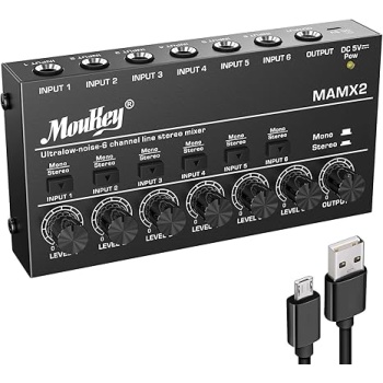 Moukey Audio Mixer, DC 5V, 6 Stereo Ultra, Low Noise 6 Channel Line Mixer for Sub-Mixing, for Small Clubs or Bars, As Guitars, Bass, Keyboards Mixer, MAMX2