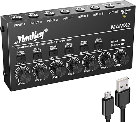 Moukey Audio Mixer, DC 5V, 6 Stereo Ultra, Low Noise 6 Channel Line Mixer for Sub-Mixing, for Small Clubs or Bars, As Guitars, Bass, Keyboards Mixer, MAMX2