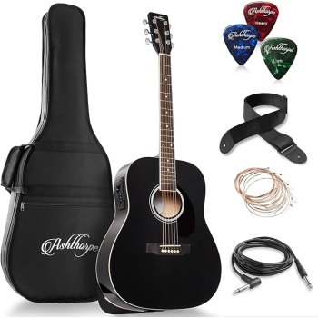 Ashthorpe Full-Size Dreadnought Acoustic-Electric Guitar Bundle - Premium Tonewoods - Black