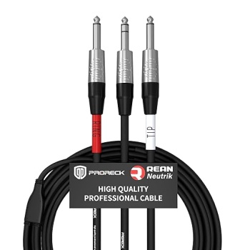 PRORECK 10FT Y-Splitter Stereo Breakout Cable –1/4" Stereo TRS to Dual 1/4" MONO TRS, Neutrik Rean Connectors, 25 AWG, Ideal for Stage, Studio, and Live Sound Applications(PR-TRS-2TS/10FT)