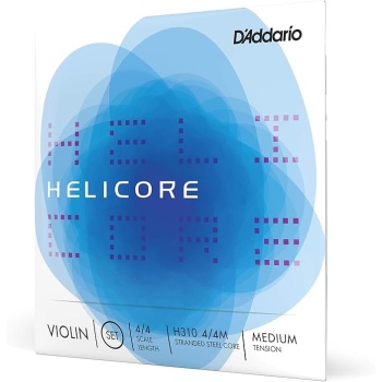 D'Addario Helicore 4/4 Size Violin Strings Set with Plain Steel E String - H310 4/4M - Full Set - Medium Tension