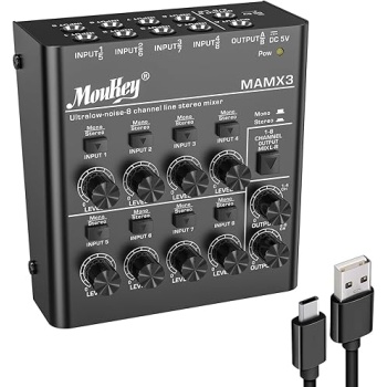 Moukey Audio Mixer, DC 5V, 8 Stereo Ultra, Low Noise 8 Channel Line Mixer for Sub-Mixing, for Small Clubs or Bars, As Guitars, Bass, Keyboards Mixer, MAMX3