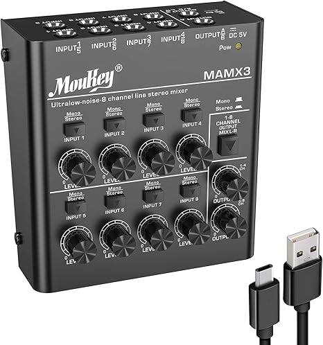 Moukey Audio Mixer, DC 5V, 8 Stereo Ultra, Low Noise 8 Channel Line Mixer for Sub-Mixing, for Small Clubs or Bars, As Guitars, Bass, Keyboards Mixer, MAMX3