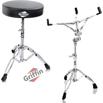 Griffin Drum Throne & Snare Stand Set (ChromeElite Edition) 2 Pack – Percussion Drum Hardware Package with Clamp Mount – Lightweight, Braced Design for Snares & Pads