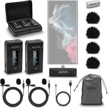 Movo WMX-2-C Duo Wireless Microphone System for USB-C – Dual Clip-On Lavalier Mics for iPhone 15, Android, iPad Pro, MacBook – 2 Wireless Transmitters, Charging Case, 7HR Battery, 328ft Range