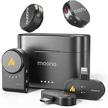 MAONO Wireless Lavalier Microphone for iPhone/Android/Camera/PC, Mini Magnetic Lapel Mic with 48khz/24bit, AI Noise Cancellation,4 Voice Filter, 40H Battery, 1000ft Range for Video Recording -Wave T5