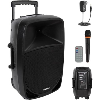 Pyle 1200W Portable Bluetooth PA Speaker - 12’’ Subwoofer, LED Battery Indicator Lights W/Built-In Rechargeable Battery, MP3/USB/SD Card Reader, and UHF Wireless Microphone - Pyle PSBT125A,Black