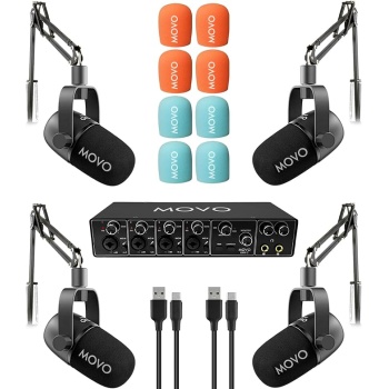 Movo 4-Person Podcast Equipment Bundle – 4-Channel USB Audio Interface, 4 CastMic Dynamic Microphones, 4 Boom Arms – Complete Recording Kit