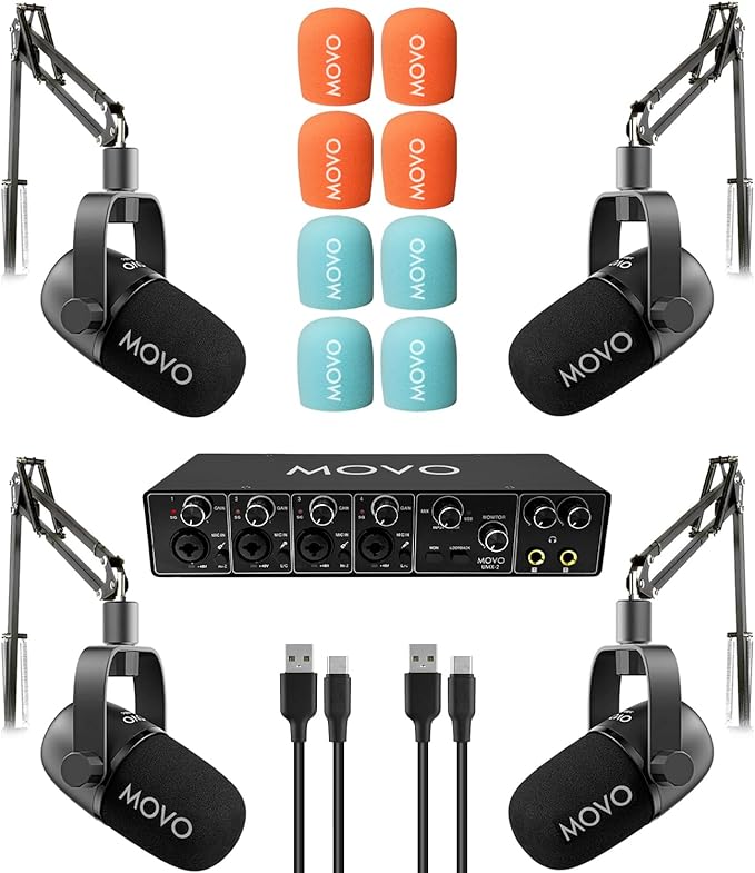 Movo 4-Person Podcast Equipment Bundle – 4-Channel USB Audio Interface, 4 CastMic Dynamic Microphones, 4 Boom Arms – Complete Recording Kit