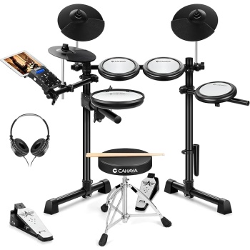 CAHAYA Electric Drum Set – Beginner Electronic Drum Kit for Kids & Adults, Portable Quiet Mesh Pads, 350 Sounds, 25 Kits, Headphones & Drum Throne, Ideal Xmas Gift