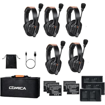 COMICA Seekcom S1 5-Users Full Duplex Wireless Intercom Headset System 1300ft Team Communication AI/ENC Cancellation with PPT Mute IPX3 Waterproof for Film TV Shooting,Competition Events(2.4G Ver.)