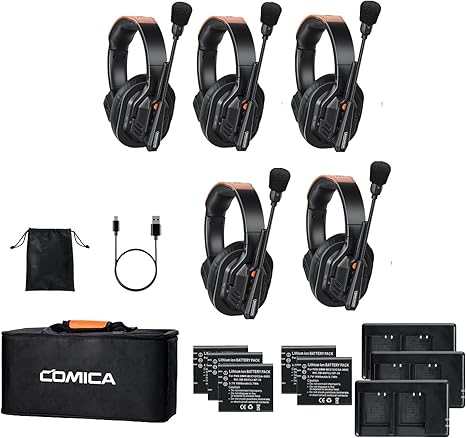 COMICA Seekcom S1 5-Users Full Duplex Wireless Intercom Headset System 1300ft Team Communication AI/ENC Cancellation with PPT Mute IPX3 Waterproof for Film TV Shooting,Competition Events(2.4G Ver.)
