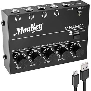 Moukey Headphone Amp Amplifier 4 Channels Metal Stereo Audio Amplifier,Mini Headphone amplifier portable - 4x Quarter Inch Balanced TRS Headphone Output and TRS Audio Input, DC5V Power Supply-MHAMP1