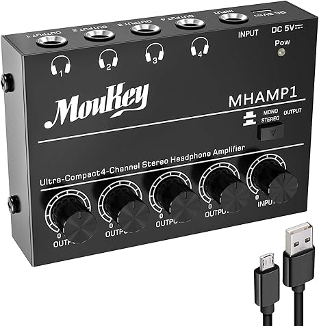 Moukey Headphone Amp Amplifier 4 Channels Metal Stereo Audio Amplifier,Mini Headphone amplifier portable - 4x Quarter Inch Balanced TRS Headphone Output and TRS Audio Input, DC5V Power Supply-MHAMP1