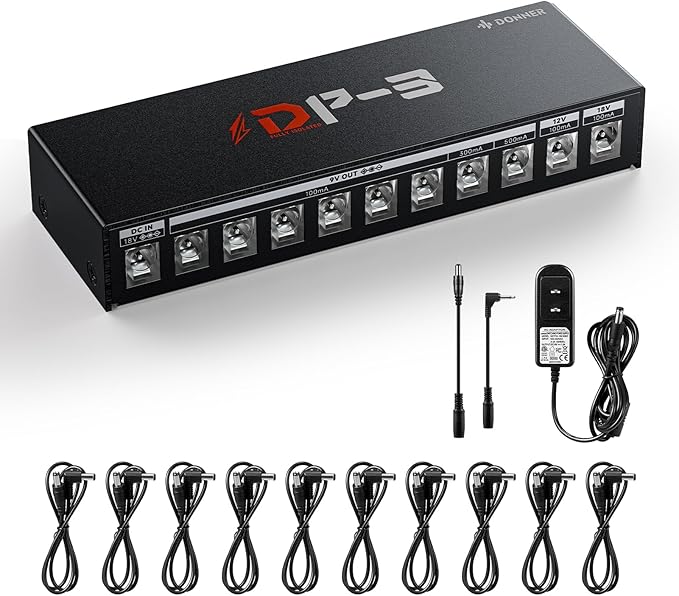 Donner DP-3 Guitar Pedal Board Power Supply, 10 Isolated DC Outputs for 9V/12V/18V Effect Pedals (100mA/300mA/500mA), Multi-Output Pedalboard Power Supply for Guitar Effects