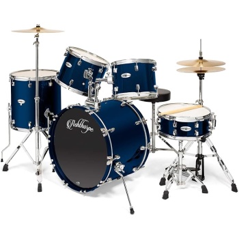 Ashthorpe 5-Piece Full Size Adult Drum Set with Remo Heads & Premium Brass Cymbals - Complete Professional Percussion Kit with Chrome Hardware - Blue