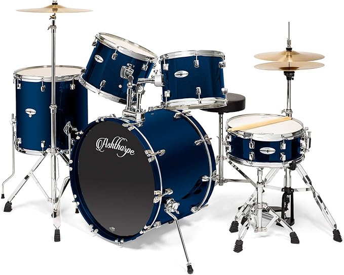 Ashthorpe 5-Piece Full Size Adult Drum Set with Remo Heads & Premium Brass Cymbals - Complete Professional Percussion Kit with Chrome Hardware - Blue