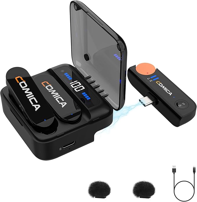 COMICA Vimo S UC Wireless Lavalier Microphone for iPhone 15/16/17/Android, Noise Cancellation, 656FT Range, 15H Battery Life with Charging Case, Lapel Microphone Wireless for Video Recording Vlogging