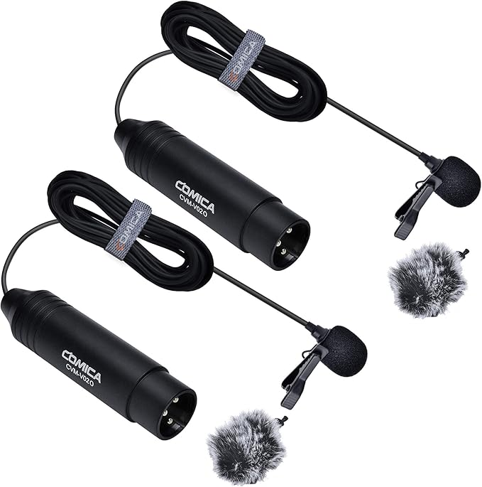 COMICA XLR Microphone CVM-V02O 2 Pack 14.76 fts Phantom Power Omni-Directional Lavalier Lapel Microphone for Canon Sony Panasonic Camcorders Zoom H4n H5 H6 Tascam DR-40 DR-60D DR-70D DR-100 Recorders