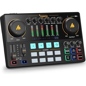 MAONO Audio Interface, MaonoCaster 10-Channel Podcast mixer with Pro-preamp, 48V Phantom Power, Bluetooth, 11 Customize sound pads for Recording, Streaming, Youtube, TikTok, PC, Guitar (AME2)
