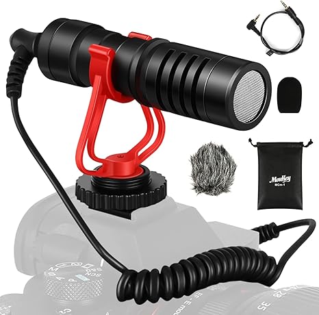 Moukey MCM-1 Camera Microphone, Video Mic with Shock Mount and Windshield, Professional Vlogging Kit for iPhone, Android Smartphone, DSLR Camera & Camcorder, Battery-Free Shotgun Mic