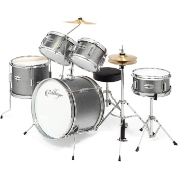 Ashthorpe 5-Piece Complete Junior Drum Set with Genuine Brass Cymbals - Advanced Beginner Kit with 16" Bass, Adjustable Throne, Cymbals, Hi-Hats, Pedals & Drumsticks - Silver