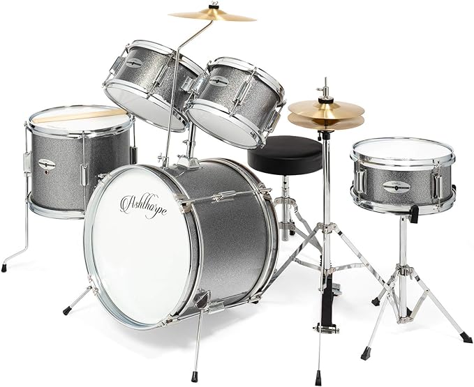 Ashthorpe 5-Piece Complete Junior Drum Set with Genuine Brass Cymbals - Advanced Beginner Kit with 16" Bass, Adjustable Throne, Cymbals, Hi-Hats, Pedals & Drumsticks - Silver