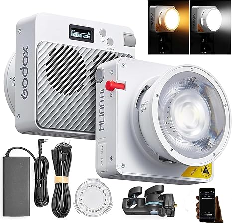 GODOX ML100Bi 120W LED Video Light, 2800K-6500K Bi-Color Video Lighting Kit, 34300 Lux CRI 97+/TLCI 98+, APP Control, USB-C Charging, 11 FX Effects, for Filming/Live Streaming/Outdoor Photography