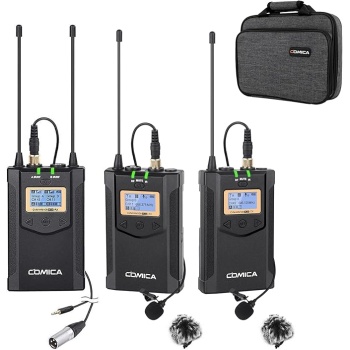 COMICA CVM-WM100PLUS - Wireless Microphone System for Cameras, Camcorders, Smartphones, Laptops, Professional UHF Wireless Lavalier Lapel Microphone with Dual-Channel Recording, AA Batteries