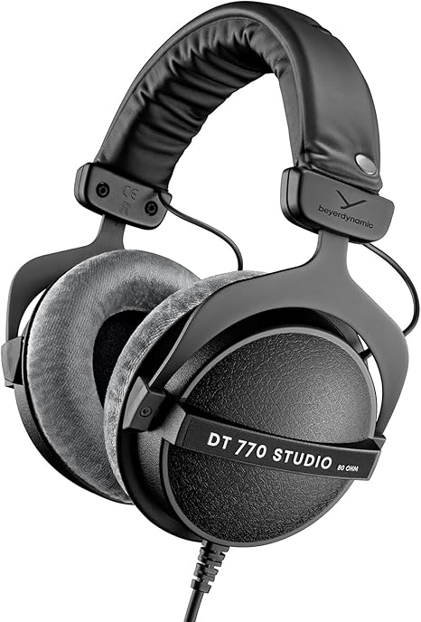 beyerdynamic DT 770 Studio, 80 Ohm, Closed Back, Over Ear, Wired Professional Studio Headphones, Home Recording, Podcast, Monitor, 3m Straight Cable, Black with Gray Velour Ear Pads