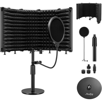 Moukey Microphone Isolation Shield, with Pop Filter& Table Stand, Foldable Mic Shield with Triple Sound Insulation, High Density Mic Sound Shield for Recording Studio, Podcasts, Singing, Broadcasting