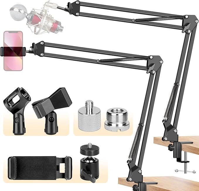 CAHAYA Microphone Arm Stand Boom Suspension Stand with 3/8" to 5/8" Screw Adapter, Mic Clip for Blue Yeti Nano Snowball Ice and Other Mics CY0262-1