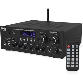 Pyle Home Karaoke Amplifier Receiver with Bluetooth Streaming, 200 Watt Peak, Dual Mic Inputs with Delay and Reverb, 2.0 Channel Hi Fi Sound System, USB-A Input w MP3 Player, RCA/Aux Inputs - PDA69BU